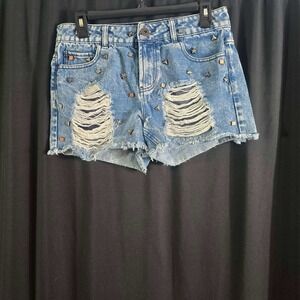 Blue Acid Wash Distressed Studded Denim Shorts Size 7 Punk Rocker Cutoff